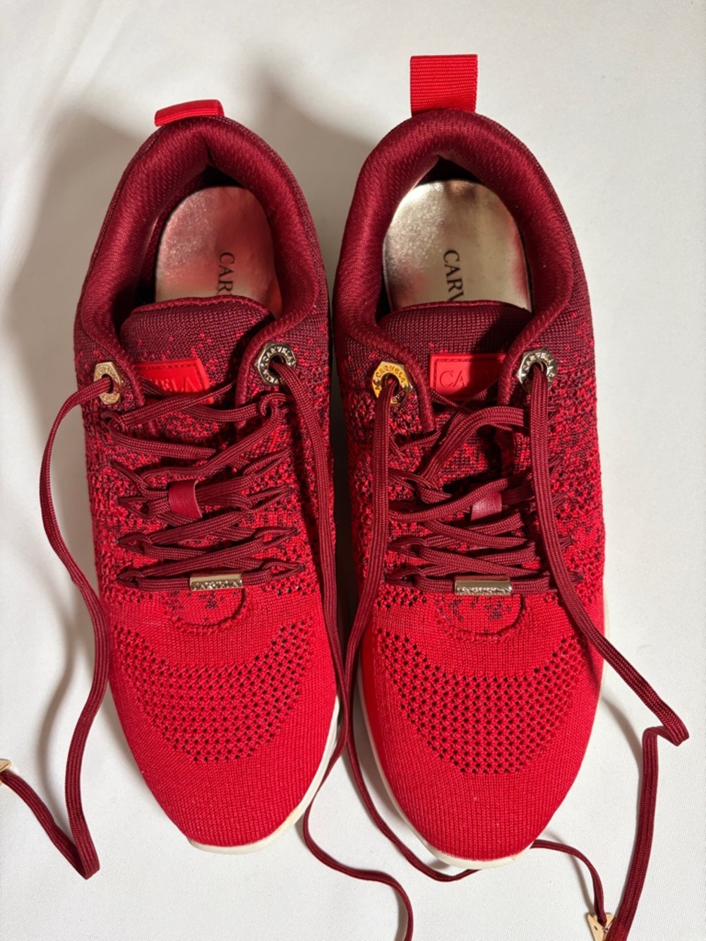 Red Knit Athletic Sneakers with Gold Accents
